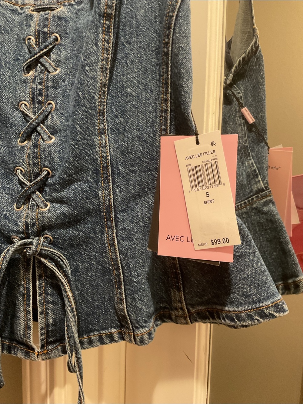 Avec Les Filles Denim Lace-Up Peplum Top - Denim Blue - Picture 4 of 8